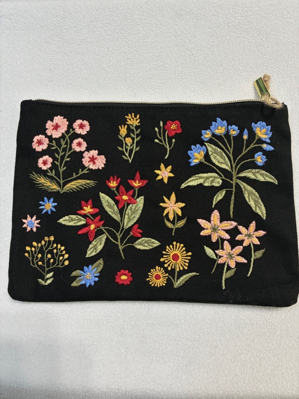 Embroidered Floral Black Cosmetic Pouch